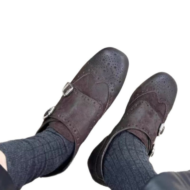 Sheepskin Version ~ Flat Comfortable Loafers Women's Vintage Carved Belt Buckle Square Toe Single-layer Shoes Genuine Leather Joker Small Leather Shoes