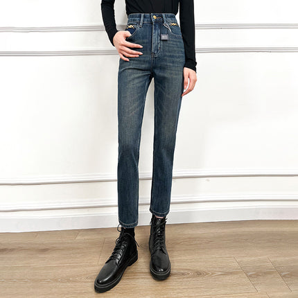 Arc de Triomphe chain design four-sided elastic high-quality jeans super slimming distressed pipe pants women's cropped pants