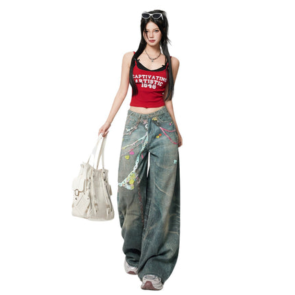 American Retro Printed Chain Design High-Waisted Wide-Leg Jeans for Women, New Spring and Autumn Loose Slimming Floor-Length Pants Trendy