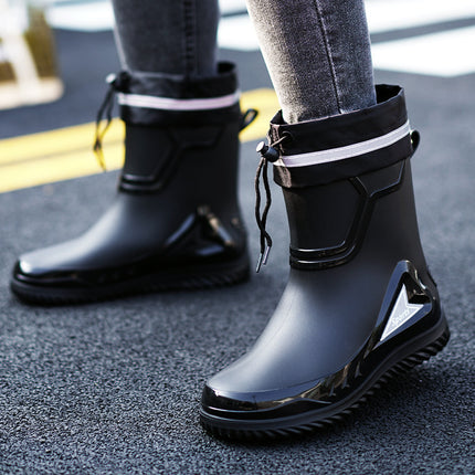 Medium and short tube men's fashion rain boots night with reflective strip rubber shoes waterproof shoes elastic band waterproof mouth gray water shoes
