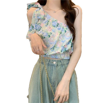 Resort Style Floral Slanted Shoulder Vest for Women Summer 2025 New Style French Chic Sexy Off-Shoulder Strappy Top for Outer Wear
