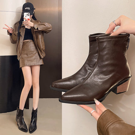 Pointed Toe Short Boots for Women New 2025 Autumn and Winter Women's Boots Medium Heel Short Boots Niche Design Slim Boots Thick Heel Leather Boots