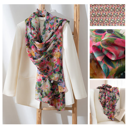 Autumn New Arrival Mulberry Silk Scarf for Women, Green Small Floral Shawl, Long Silk Scarf, Ready for Wholesale