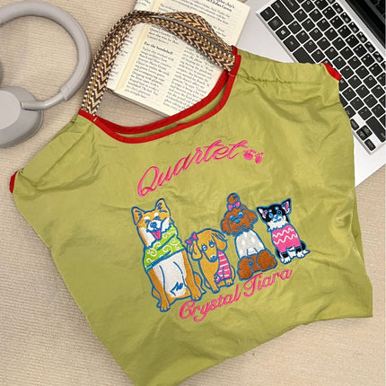 Japanese Style Cat Chai Dog Embroidered Eco-Friendly Cloth Bag Women's Large Capacity New Nylon Handbag Student's All-Match Shoulder Bag