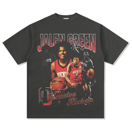 Jalen Green American Printed Long-Sleeved Short-Sleeved T-Shirt Washed and Distressed Heavy Loose Men's Clothing