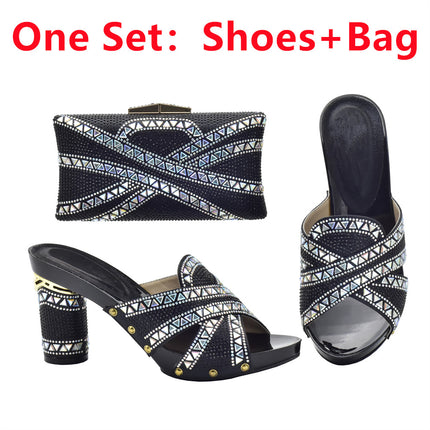 Cross-border Evening with Hot Diamond Shoe Bag Hollow High Heel Round Toe Sandals with Hand Bag Fashion Dinner suit