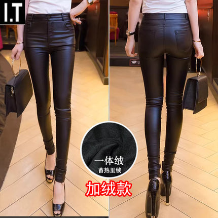 2025 Autumn and Winter Trendy Leather Pants for Women, Fleece-Lined and Thickeneded, Korean Style Tight-Fitting High-Waist Slimming Look Pants for Women, Outer Wear Leggings