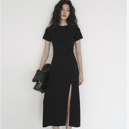 Cross-border Split Figure Figure Crewneck Short-sleeved dress Women's Summer New Waist Design Sense Slim-fit Elegant Skirt
