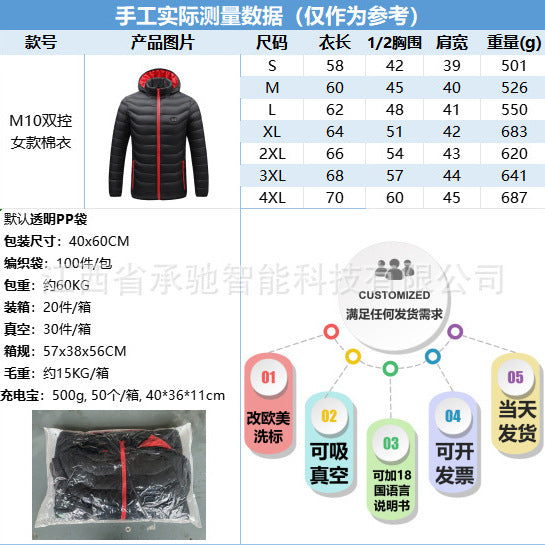 Cross-Border Direct Selling Electric Heating Clothing Long-Sleeved Jacket USB Intelligent Constant Temperature Heating Cotton Coat Winter Windproof Warm Heating Clothing