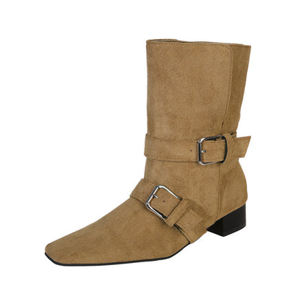 Square Toe Belt Buckle Thick Heel Two-Wear Boots for Women 2024 Autumn and Winter New Retro Style Cowhide Leather Comfortable Thick Heel Fashion Boots