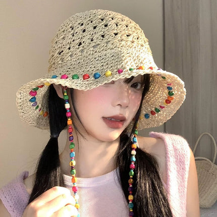 Hyun Ya Style Color Wooden Beads Straw Hat Women's Summer Hollow-out Big Brim Sunshade Sunscreen Hat Foldable Fisherman's Hat Trendy