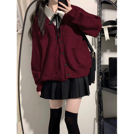 Maillard wine red knitted cardigan soft sister Japanese autumn and winter 2024 new explosions coat Korean college style suit