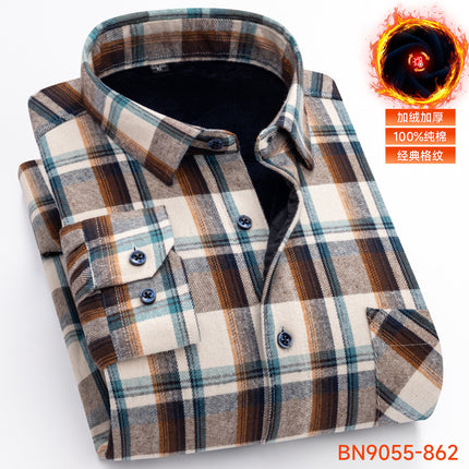 Winter Warm Shirt Pure Cotton Brushed Plaid Fleece-Lined Thickeneded Middle-Aged and Elderly Men's Cardigan Dad's Cotton Shirt