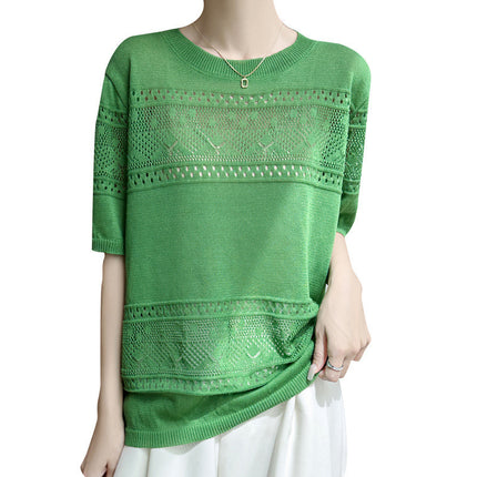 Korean Style Sweet Round Neck Summer Pullover T-Shirt Design Cut Out Jacquard Thin Knitwear Top for Women