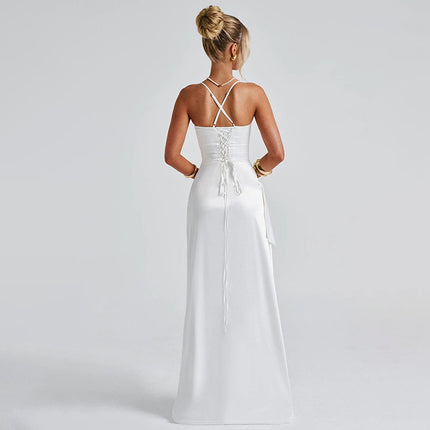 European and American Cross-Border Women's Fashion Spaghetti Strap Backless Slit Tie-Back Slim Sexy Light Luxury Evening Long Dress