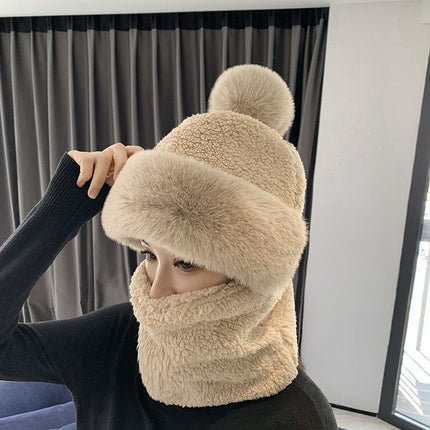 Autumn and Winter Hats for Women, Cute Plush Scarf, Thickened Integrated Neck Warmer, Plush Hat for Cycling, Warm Ear Protection Hat