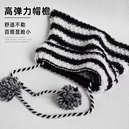 New Cross-border Foreign Trade Striped Deviruchi Knitted Hat Autumn and Winter Ear Protection Warm Face Hair Ball Small Wool Hat