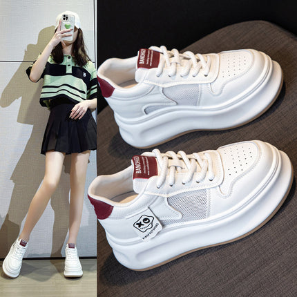 Genuine Leather White Shoes for Women 2026 Summer New Style with Internal Height Increase, Breathable Mesh Platform Shoes, Versatile Casual Sneakers