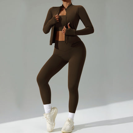 Cross-Border New Tight-Fitting Yoga Clothing Suit Women's Cardigan Running Sportswear Suit Quick-Drying Fitness Clothing Three-Piece Set