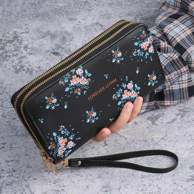 Cross-Border Label Long Versatile Double Zipper Korean Style Student Floral Large Capacity Phone Bag Clutch Soft Coin Purse