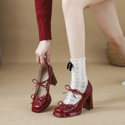 Vintage wine red Mary Jane Platform Shoes Elevated Little Man Bow Dating High Heels Women Spring 2025