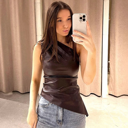 2024 autumn new fashion temperament slant shoulder irregular tight figure leather pleated vest T-shirt top