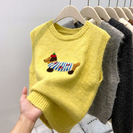 Cartoon Dachshund Dog Embroidered Knitted Vest for Women 2026 Spring New Style Layered Fashionable Soft Sleeveless Sweater