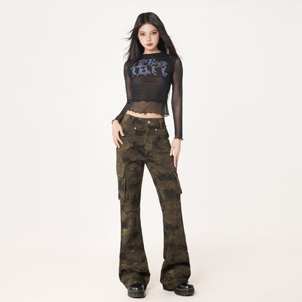 raccoon dog house# high street washed old multi-pocket camouflage Denim overalls for men and women with the same style tide brand loose straight pants
