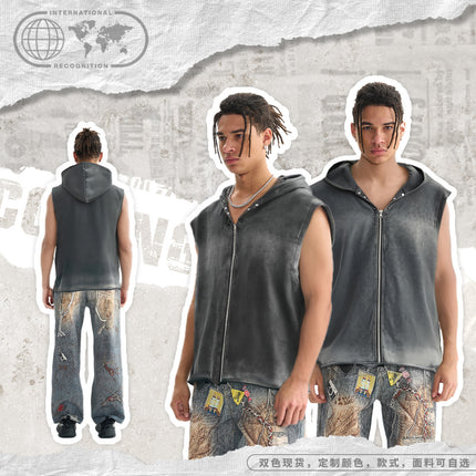 ETAI Men's Wear | American Retro Cardigan with Hat Heavy Sleeveless Top high quality Washed Spray Monkey Scattered T-Shirt