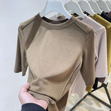 Fishbone Short-Sleeved T-Shirt for Women 2025 Spring New Design Sense of Design Slimming Look Elastic Mid-Sleeve Top T-Shirt