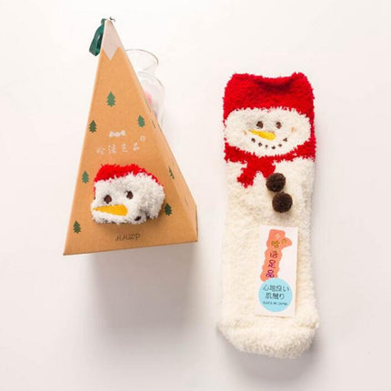 Coral Fleece Japanese-Style Christmas Socks with Embroidered 3D Cartoon Design, Boxed Floor Socks, Half Fleece Socks for Women