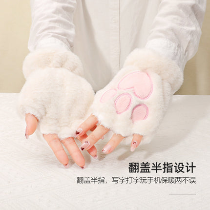 Cute Cat Claw Plush Gloves for Women in Autumn and Winter K-Style Ins Students Versatile Half-Finger Touch Screen Thickeneded Warm Split Fingers