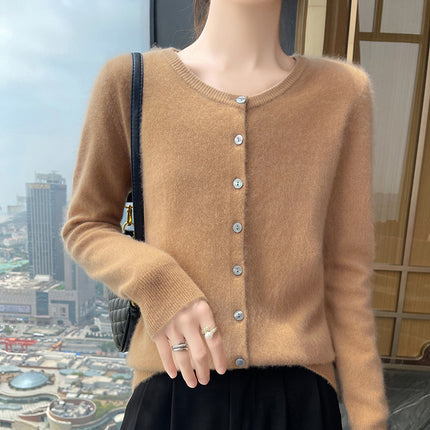2025 Spring and Autumn New Round Neck Cashmere Knitted Cardigan Women's Loose All-match Sweater Coat Long Sleeve Soft Waxy Top