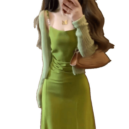 2025 New Summer Vacation French-Style Spaghetti Strap Green Dress Trendy High-End Elegant Stunning Super Fairy Dopamine