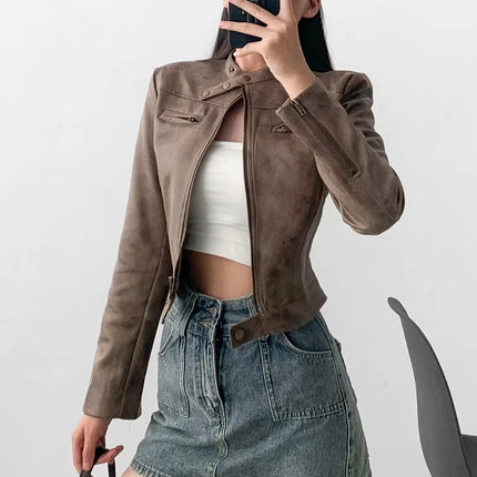 American INS high street retro short Slim motorcycle jacket women's 2023 autumn distressed leather suede jacket