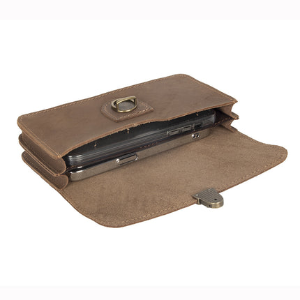 2024 New Crazy Horse Leather Leather Mobile Phone Waist Bag Wearing Belt Horizontal Full Leather Protective Cover Retro Work Bag