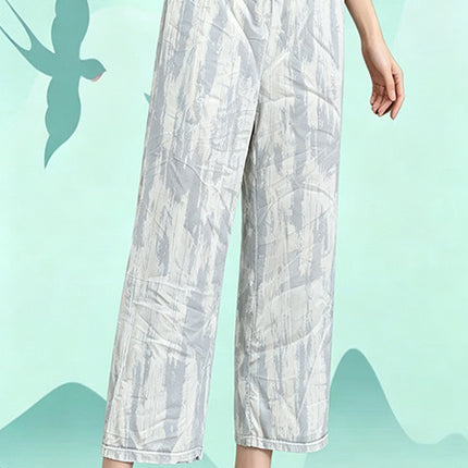 Foreign Trade Plus Size Middle-aged and Elderly Summer Thin Breathable Nine-point Flower Pants Mom Pants Ice Silk Loose Straight Pants