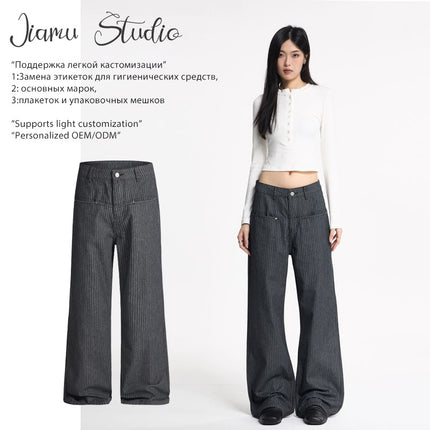 Jiamu American-Style Unisex Casual Pants for Men and Women, High Street Lazy Striped Baggy Drape Slightly Flared Loose Wide-Leg Straight Pants