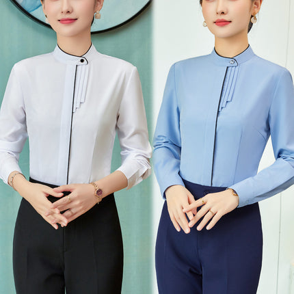 Elegant White Long-sleeved Shirt Spring and Autumn New Business Dress Dress Overalls Round Neck Buckle Women's Shirt