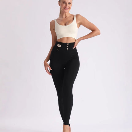 Cross-Border High-Waisted, High-Elastic, Slim-Fitting Nine-Point Black Modal Leggings for Women with Three Rows of Buttons and Labels That Can Be Worn Outside