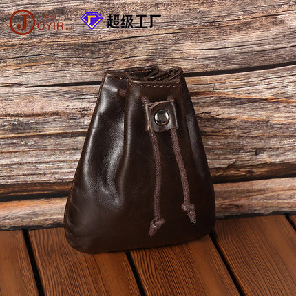New Style Cowhide Niche Vintage Small Coin Purse Coin Headset Storage Bag Leather Drawstring Mini Small Wallet Trendy