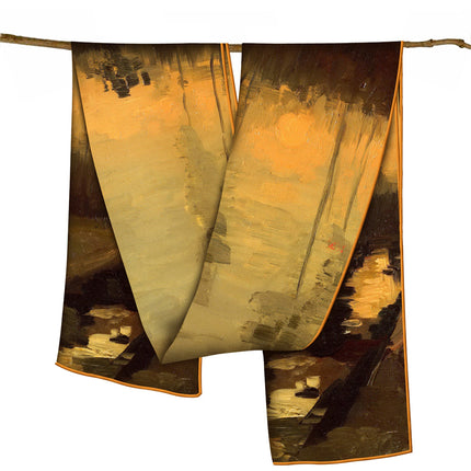 150cm Spring Long Van Gogh Oil Painting Series Starry Sky Women's Long Silk Scarf All-Match Shawl Scarf Scarf for All Seasons
