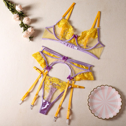 European and American Cross-Border New Products Popular High-Quality Women's Flower Embroidered Bra See-Through Sexy Bow Underwear Set