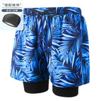 Blue Leaves 001-1 Men's Swimming Trunks with Swimming Cap / 2XL-120-130