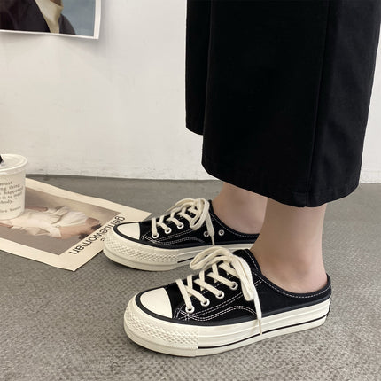 Thick-Soled Canvas Shoes, Half-Flop Women's Shoes, White Shoes for Women, 2025 Spring New Style, Heelless Slip-On Half-Stepping Lazy Shoes for Women