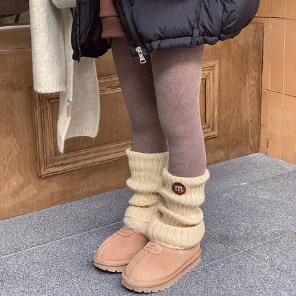 Girls New Winter Lamb Velvet Windproof Foot Dark Striped Socks Round Letter Embroidered M Stereo Leggings