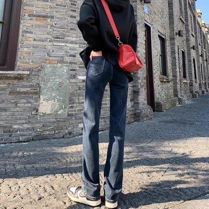 Blue Grey Straight Leg Jeans Women's Trendy All-match New High Waist Slim Look Casual Narrow Pile Smoke Tube Long Pants