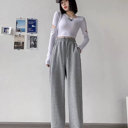 Drawstring Convertible Sweatpants for Women, Spring and Autumn 2025 New Style, Loose Casual American Style, White and Gray, Petite Straight-Leg Sweatpants