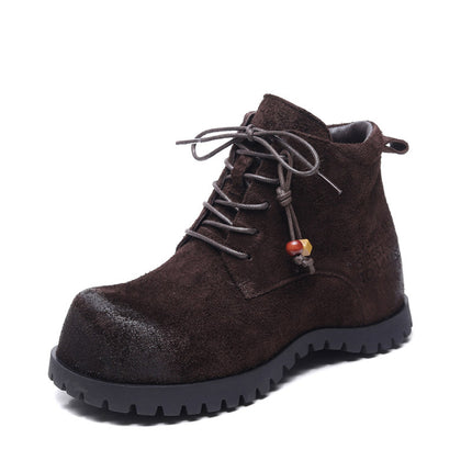 Jishu 25 Autumn and Winter New Top-Layer Cowhide Lace-Up High-Top Women's Shoes, Suede Genuine Leather Retro Beaded Internal Height-Increasing Ankle Boots