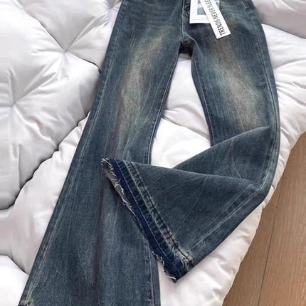 Vintage Distressed High-Waisted Flared Jeans for Petite Women, Loose Straight-Leg Slimming Wide-Leg Floor-Length Pants